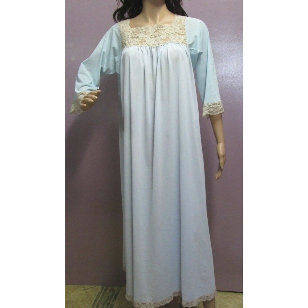 Vintage Long Nightgown Aristocraft By Superior Blue Nylon Sleepwear Lace